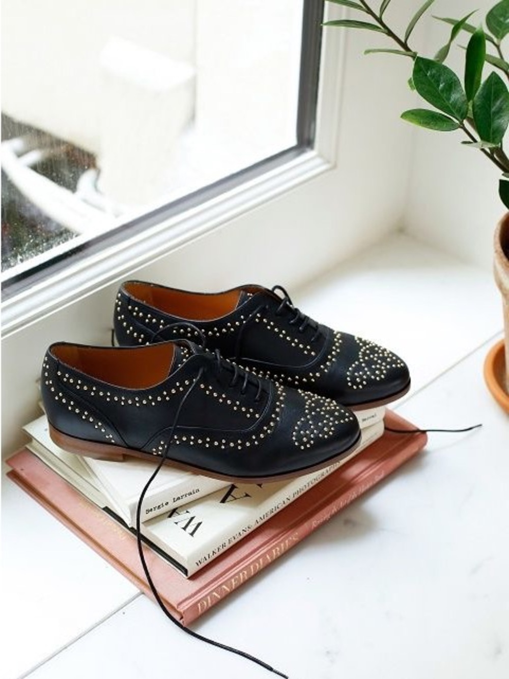 Sezane Louis Black Leather Gold Studded Wingtip Oxfords/Derbies